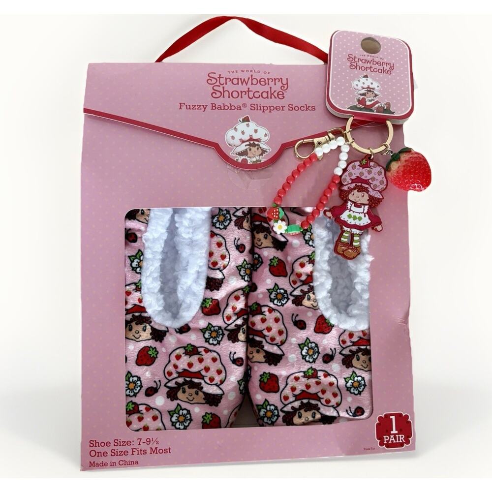 NEW STRAWBERRY SHORTCAKE x FUZZY BABBA SET Bag Charm Keychain Slipper Sock 7-9.5